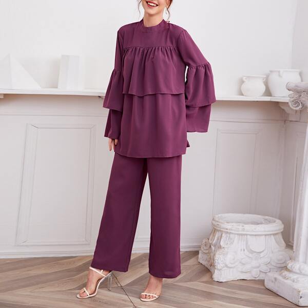 

Ruffle Hem Flounce Sleeve Blouse And Wide Leg Pants Set, Purple