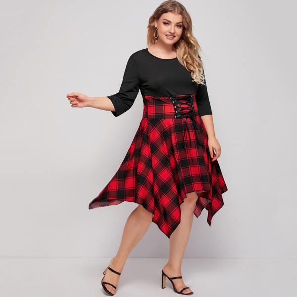 

Plus Corset Waist Contrast Plaid Hanky Hem Dress, Multicolor