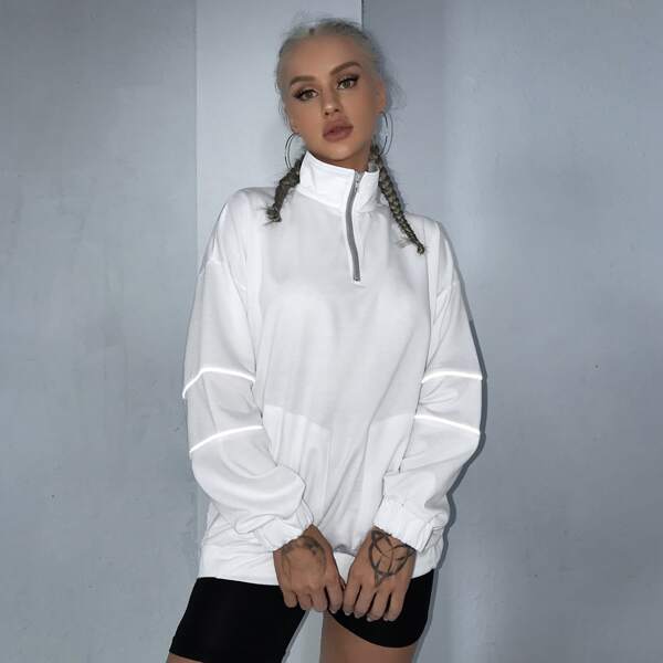 

Zip Up Drop Shoulder Reflective Striped Sweatshirt, White