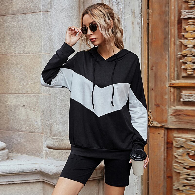 

Chevron Panel Drawstring Hoodie & Biker Shorts, Black