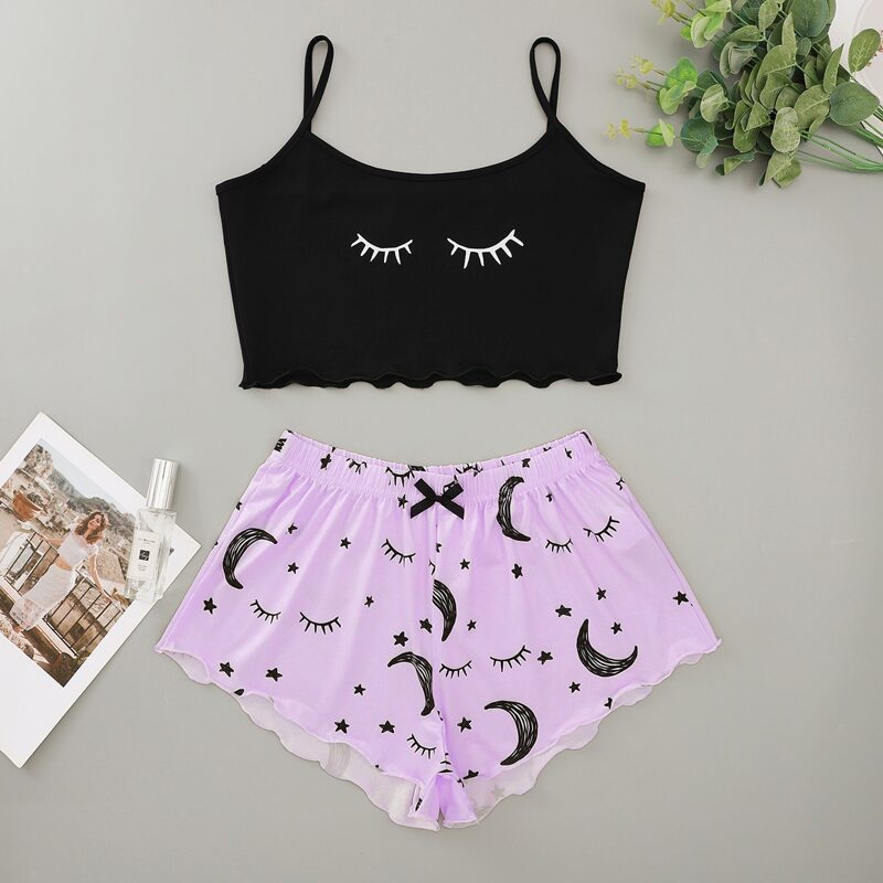 

Lettuce Trim Cami Top & Galaxy Print Shorts PJ Set, Multicolor