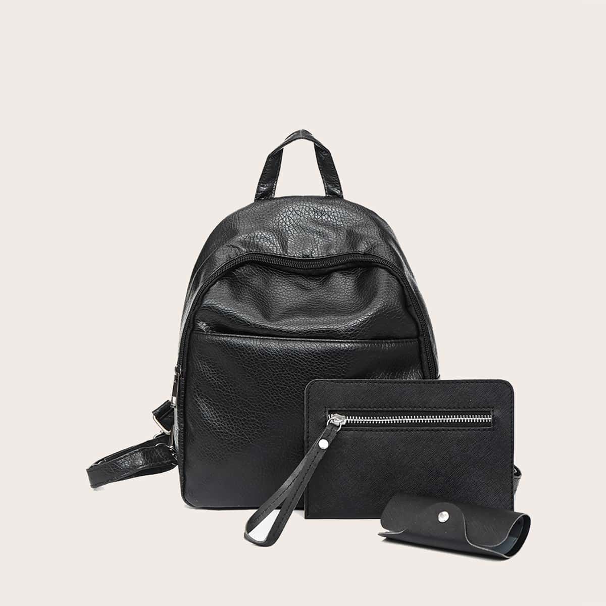

3pcs Solid Backpack Set, Black