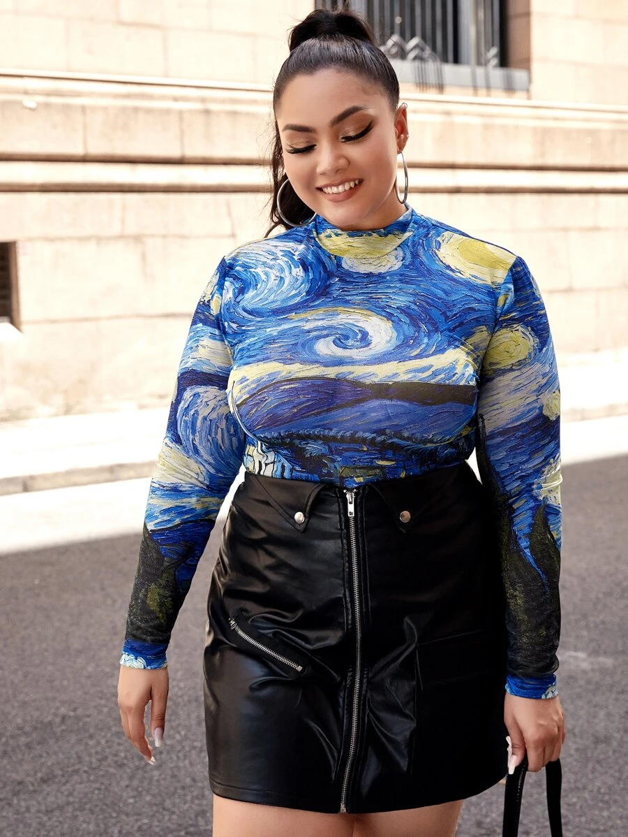 SHEIN Privé 大碼小高領圖案印花透明網紗上衣 - 彩色 - 查看 1