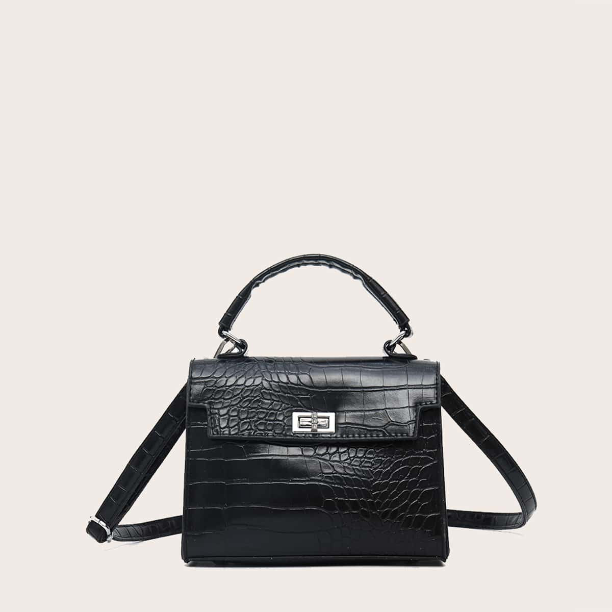 

Croc Embossed Satchel Bag, Black