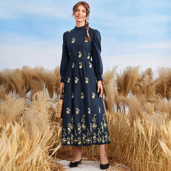 

Floral Embroidery Puff Sleeve A-line Dress, Navy blue