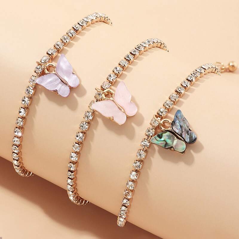 

3pcs Butterfly Rhinestone Bracelet, Multicolor