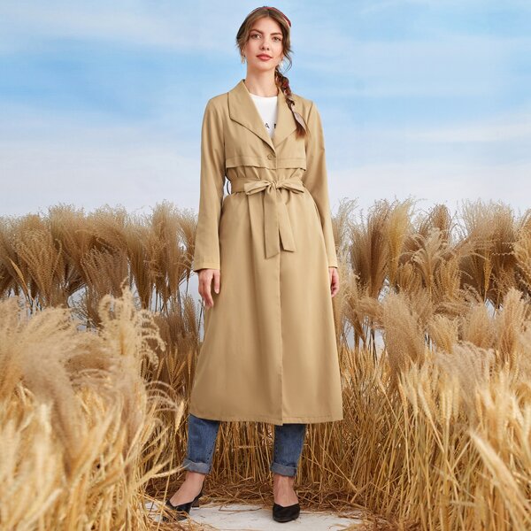 

Button Front Self Tie Trench Coat, Khaki