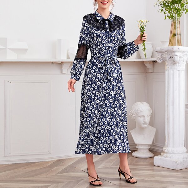 

Allover Floral Contrast Lace Panel Belted Dress, Multicolor