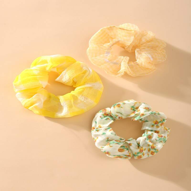 

3pcs Floral & Plaid Scrunchie, Multicolor