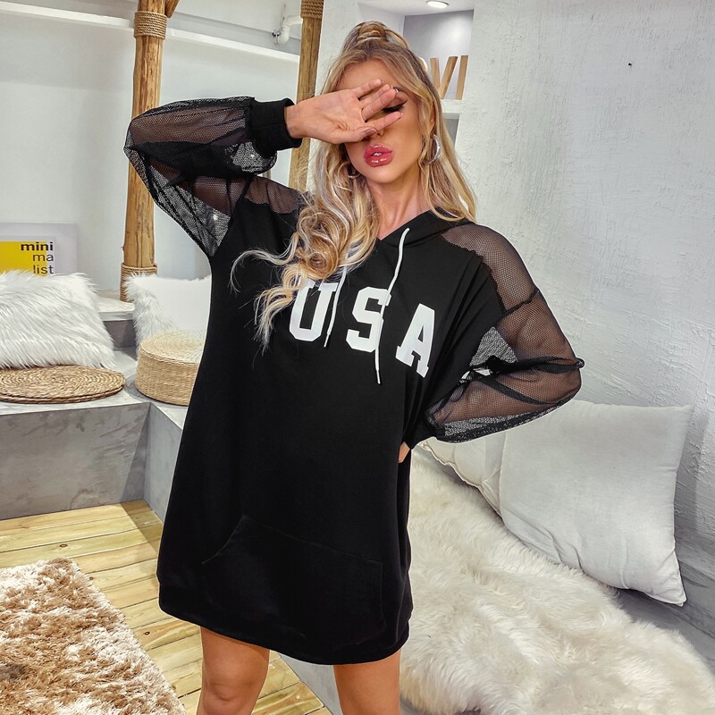 

Contrast Fishnet Letter Graphic Drawstring Sweatshirt Dress, Black