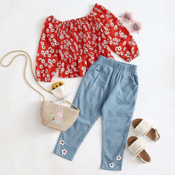 

Toddler Girls Daisy Shirred Peplum Blouse With Appliques Jeans, Multicolor