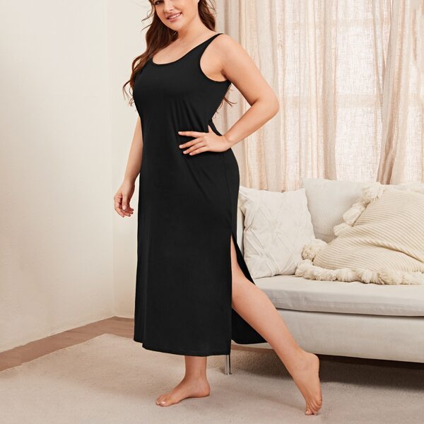 

Plus Solid Side Split Night Dress, Black