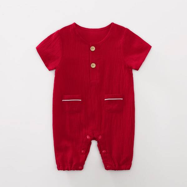 

Baby Girl Button Front Dual Pocket Romper, Red