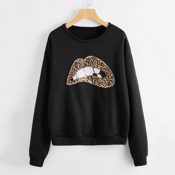

Contrast Sequin Lip Drop Shoulder Sweatshirt, Black