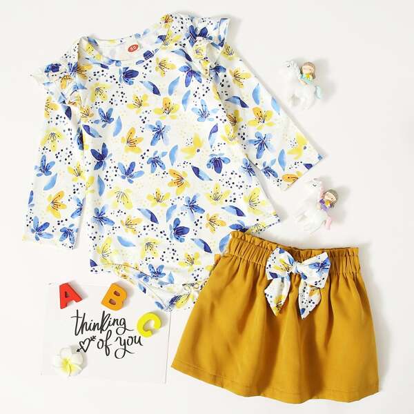 

Baby Girl Floral Print Ruffle Trim Bodysuit & Bow Front Skirt, Multicolor