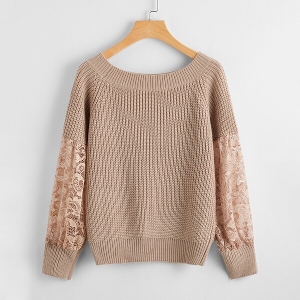 

Contrast Lace Raglan Sleeve Sweater, Apricot