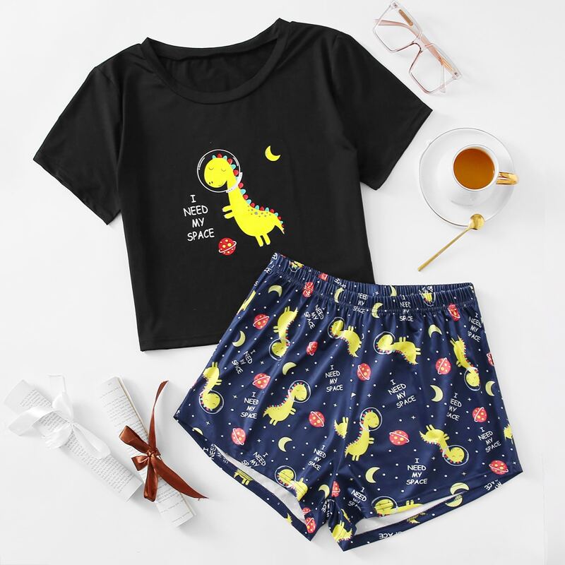

Cartoon Dinosaur And Slogan Print Pajama Set, Multicolor