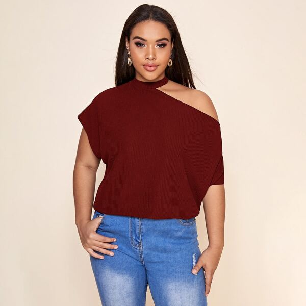

Plus Asymmetrical Neck Batwing Sleeve Top, Maroon