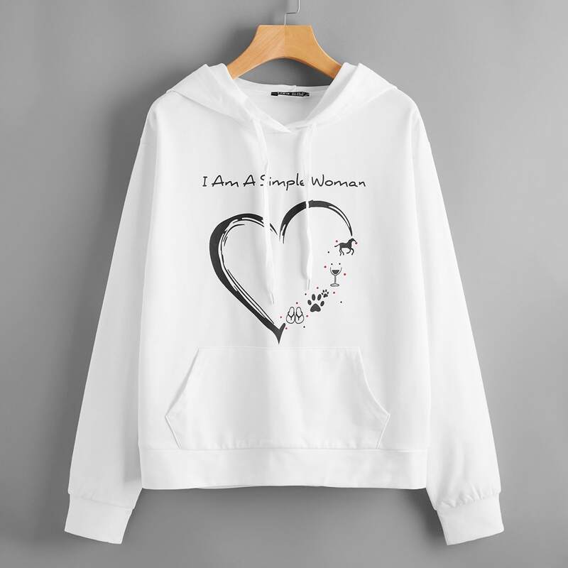 

Heart & Slogan Graphic Kangaroo Pocket Drawstring Hoodie, White