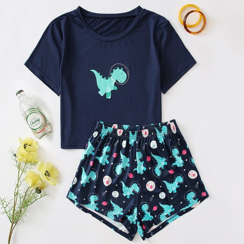 

Cartoon Dinosaur Print Pajama Set, Navy blue