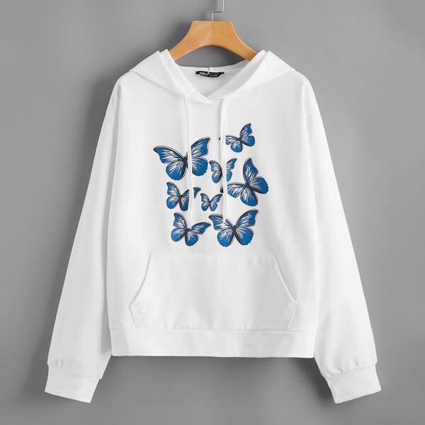 

Butterfly Print Kangaroo Pocket Drawstring Hoodie, White