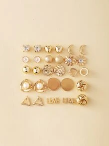 17KM 14pairs Rhinestone Decor Stud Earrings - Yellow Gold - View 1