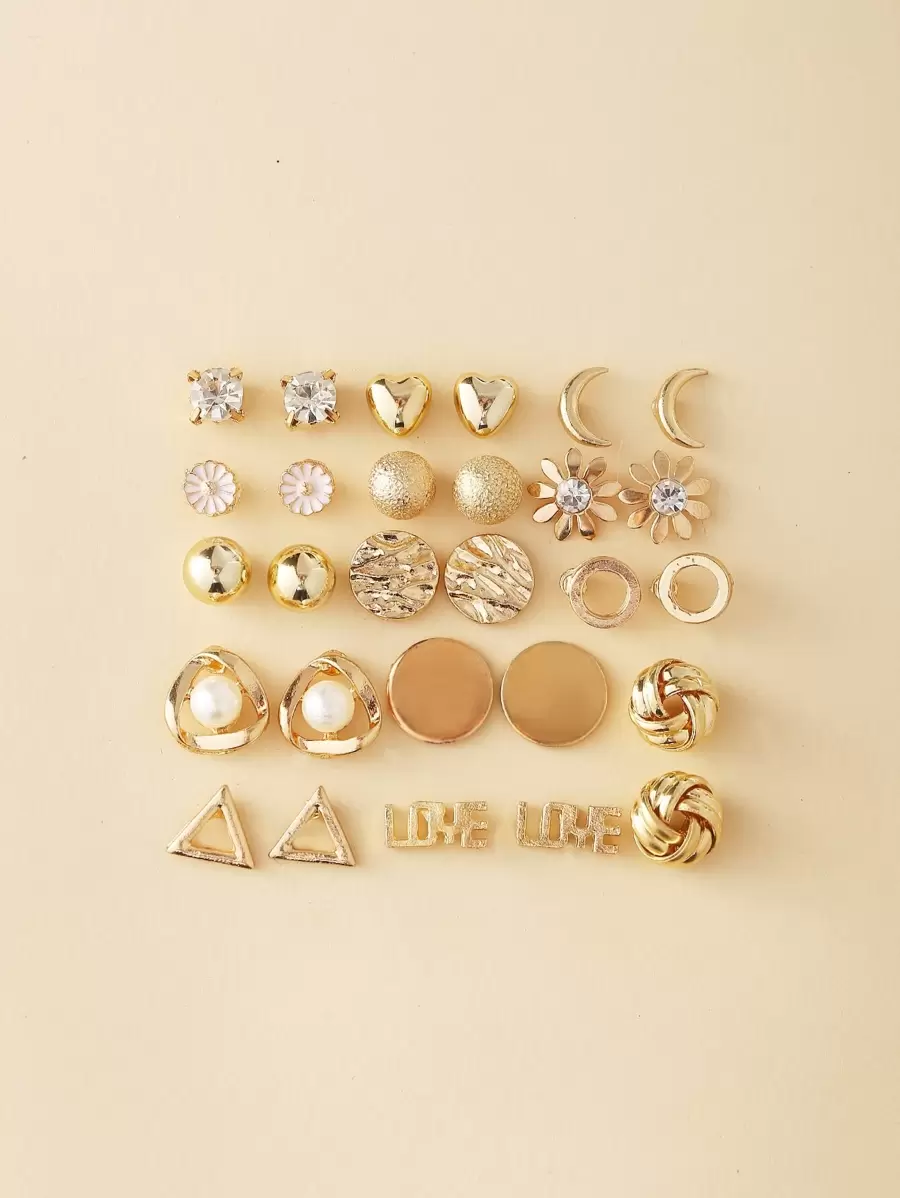17KM 14pairs Rhinestone Decor Stud Earrings - Yellow Gold - View 1