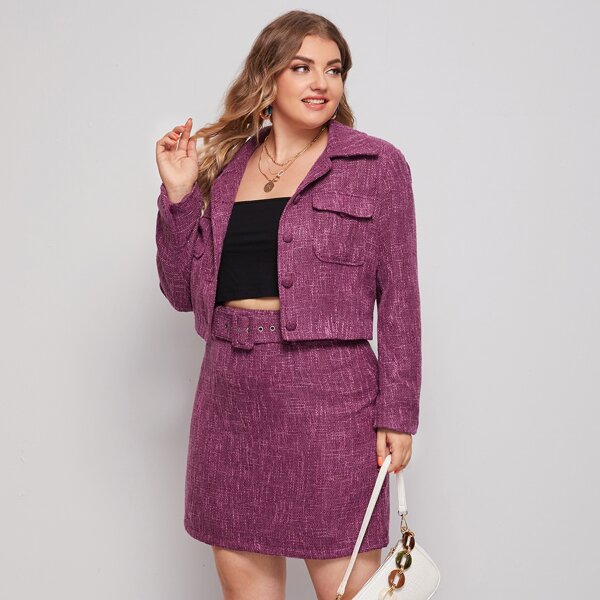 

Plus Flap Pocket Tweed Jacket and Buckle Belted Skirt Set, Purple