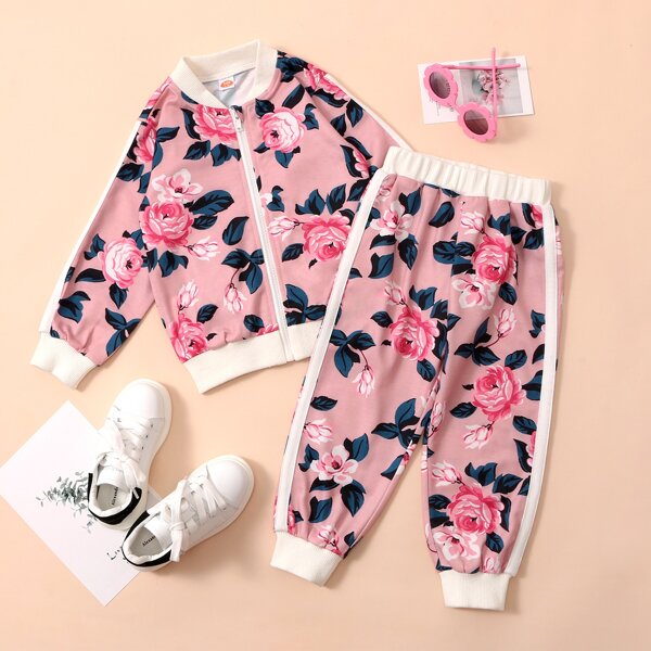 

Toddler Girls Floral Tape Side Bomber Jacket With Sweatpants, Multicolor