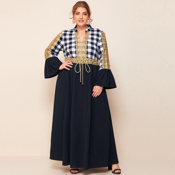 

Plus Contrast Guipure Lace Buffalo Plaid A-line Dress, Multicolor