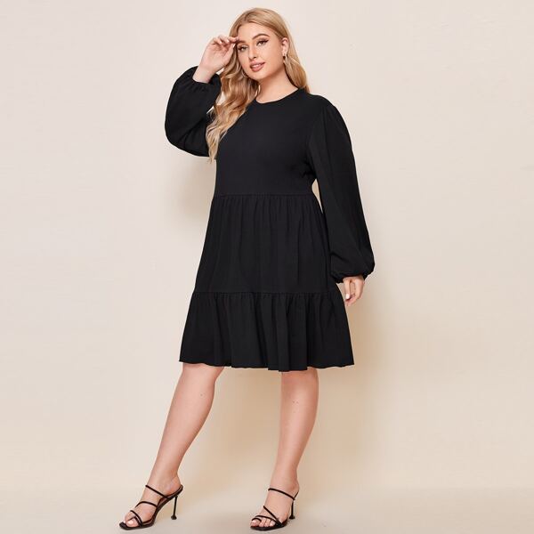 

Plus Lantern Sleeve Smock Solid Dress, Black
