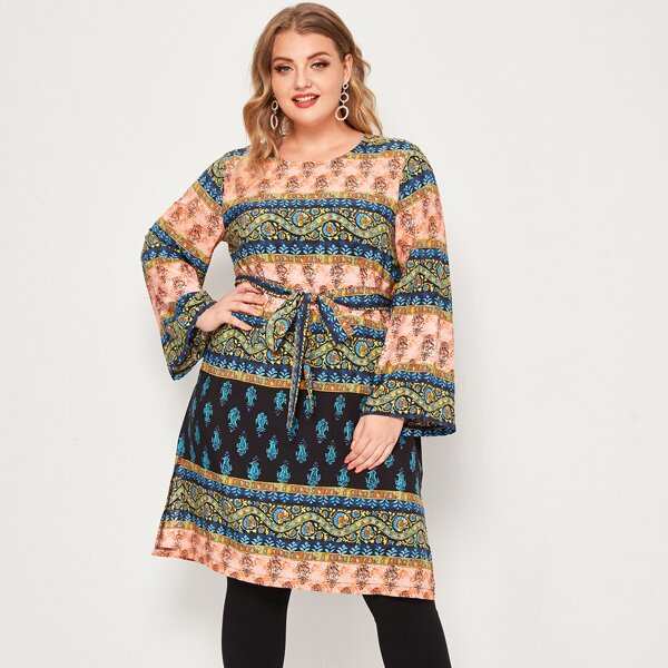 

Plus Tribal Print Self Belted Blouse, Multicolor