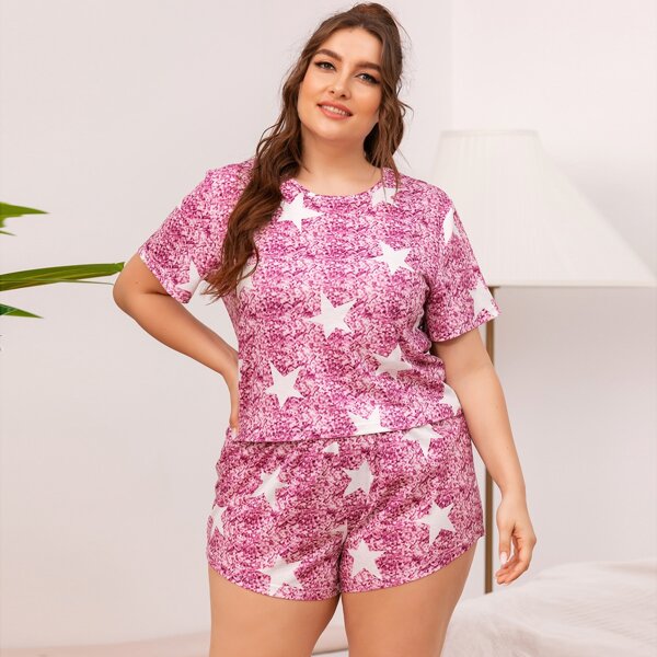 

Plus Star Print Pajama Set, Red violet