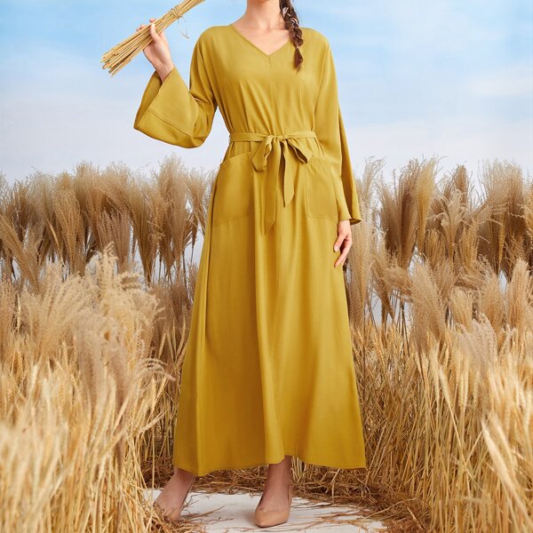 

Solid Belted Dual Pocket Tunic Dress, Yellow