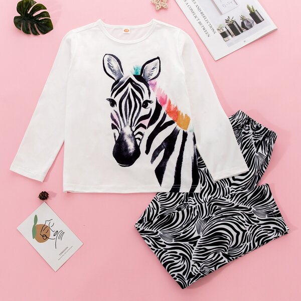 

Girls Cartoon And Zebra Stripe PJ Set, Black and white