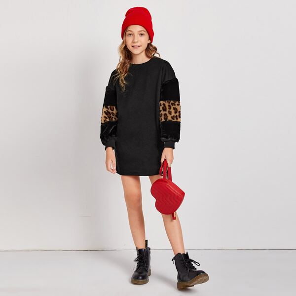 

Girls Leopard Panel Faux Fur Sleeve Sweatshirt Dress, Black