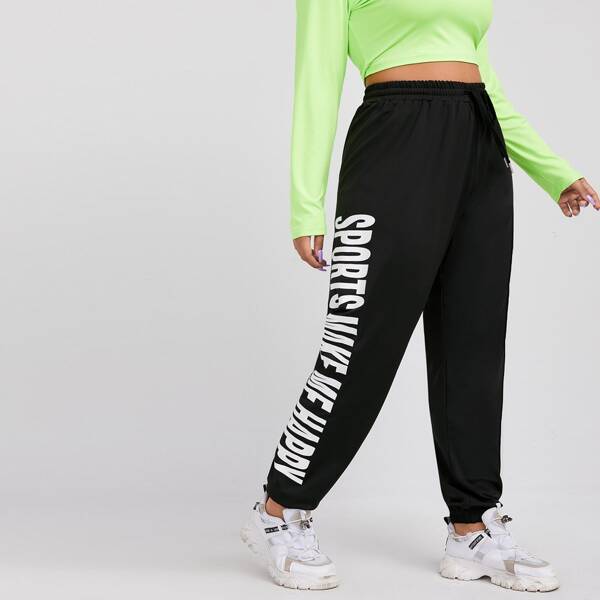 

Plus Slogan Graphic Drawstring Waist Sweatpants, Black