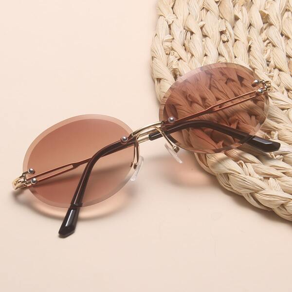 

Rimless Oval Frame Sunglasses, Brown