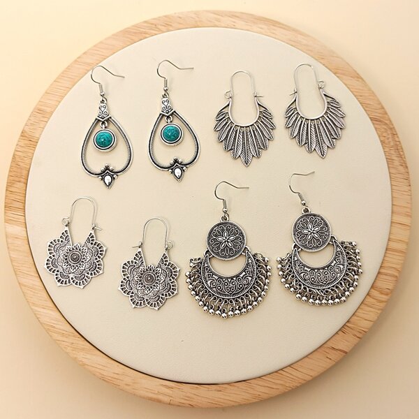 

4pairs Leaf Tassel Decor Earrings, Silver