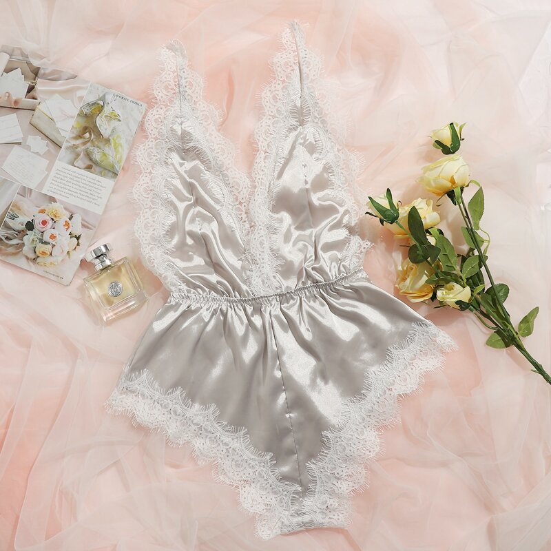 

Eyelash Lace Trim Satin Teddy Bodysuit, Silver