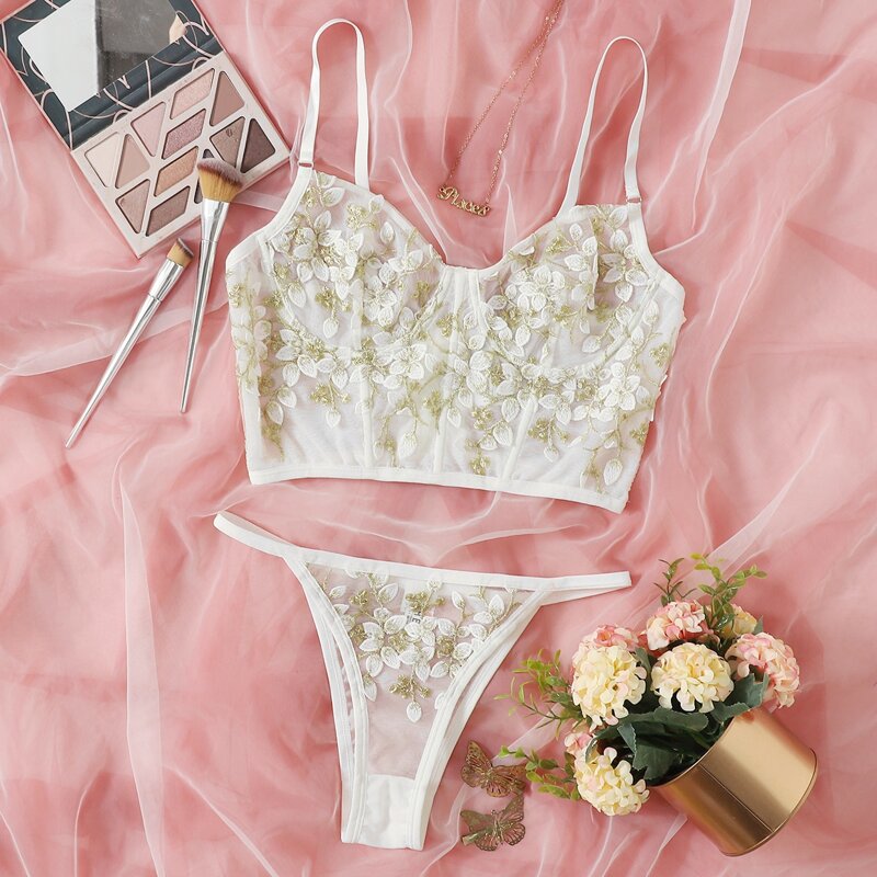 

Embroidered Mesh Underwire Lingerie Set, White