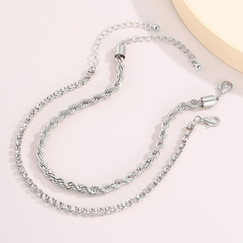 

2pcs Rhinestone Decor Anklet, Silver