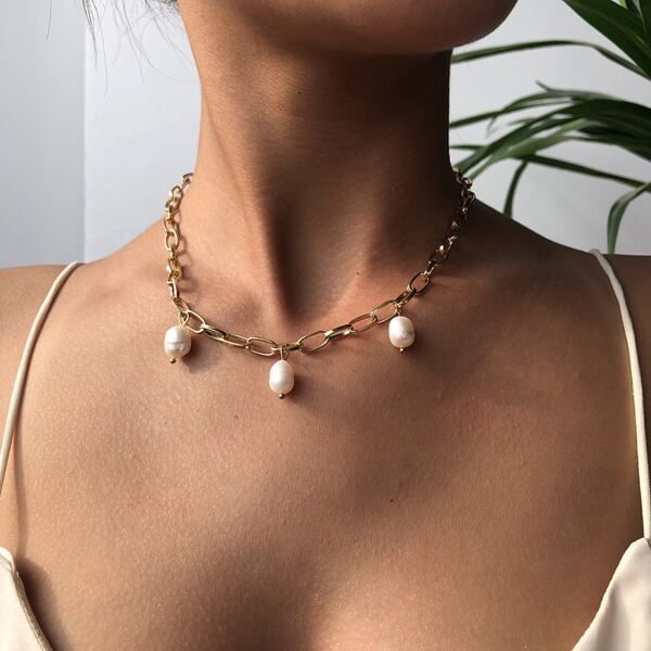 

Faux Pearl Chain Necklace, Gold