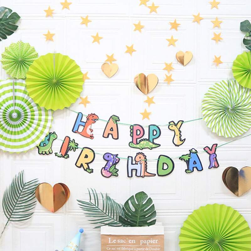

1pc Dinosaur Design Birthday Pull Flag, Multicolor