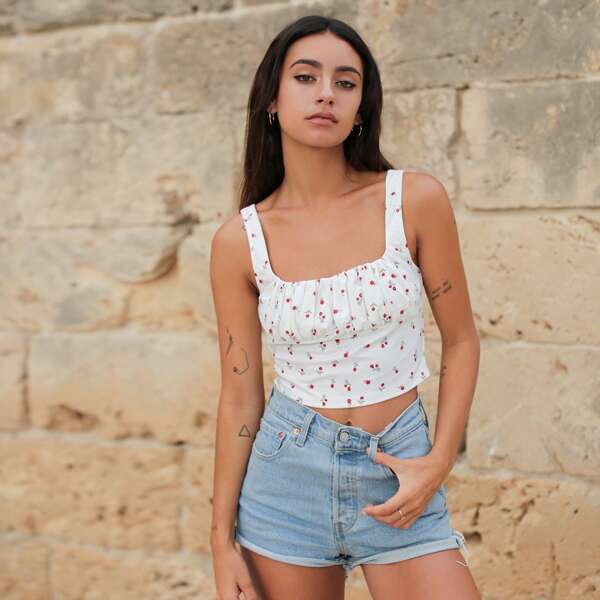 

Ditsy Floral Ruched Bust Tank Top, White