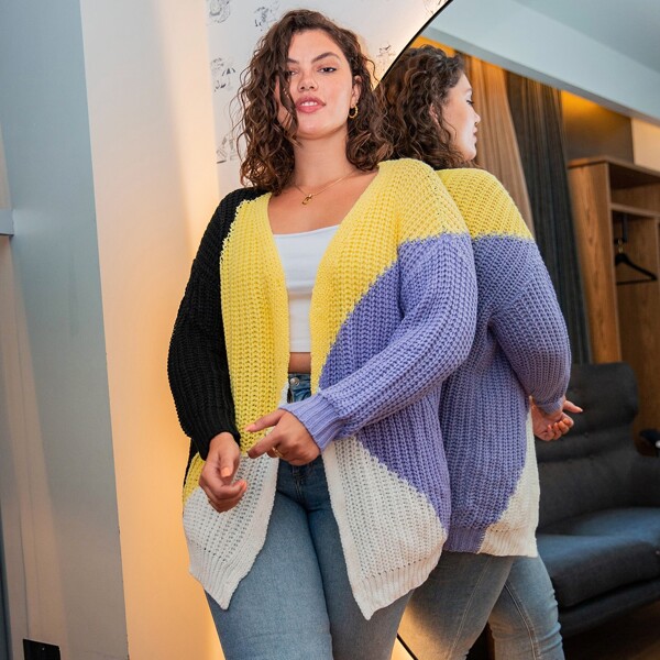 

Plus Colorblock Open Front Chunky Knit Cardigan, Multicolor