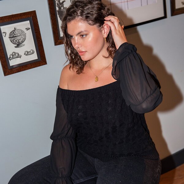 

Plus Contrast Sleeve Off Shoulder Sweater, Black