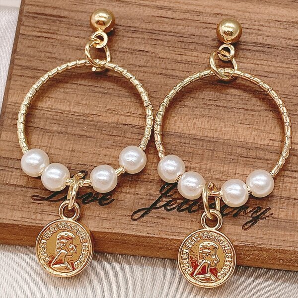 

Faux Pearl Coin Drop Earrings, Gold