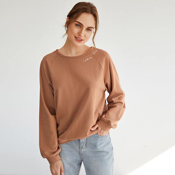 

Raglan Sleeve Slogan Embroidered Pullover, Apricot