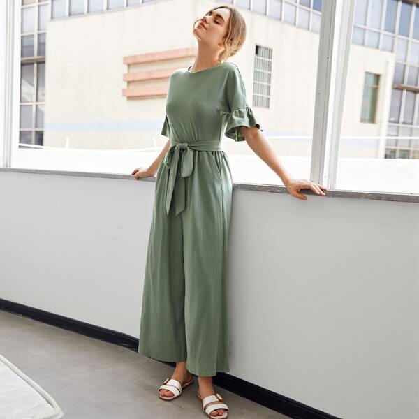 

Ruffle Cuff Keyhole Back Belted Jumpsuit, Mint green